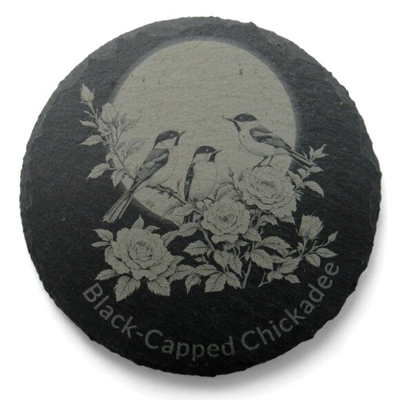 COASTERS BIRDS Engraved Round Gray Slate Set Of 4 Rustic Home - Picture 3 of 6